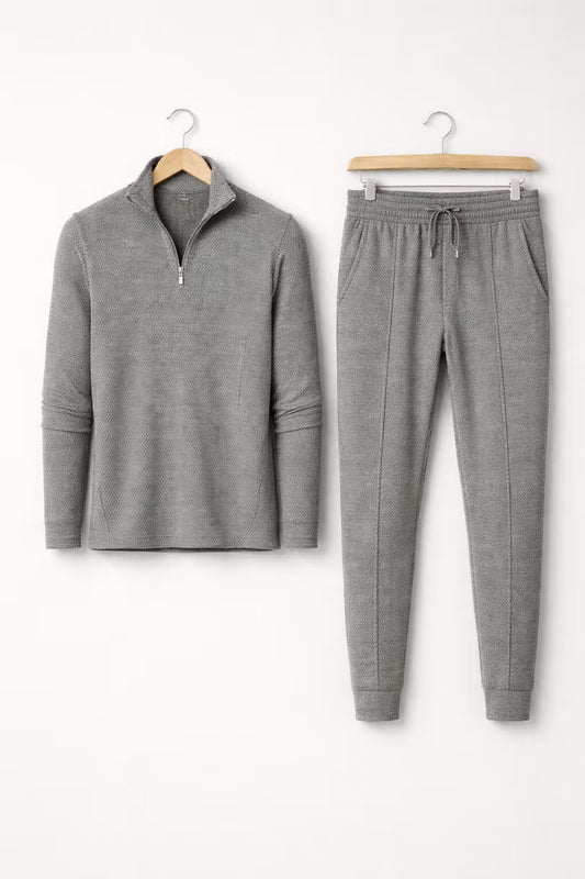Textured Zip Collar Top and Tapered Trousers Set
