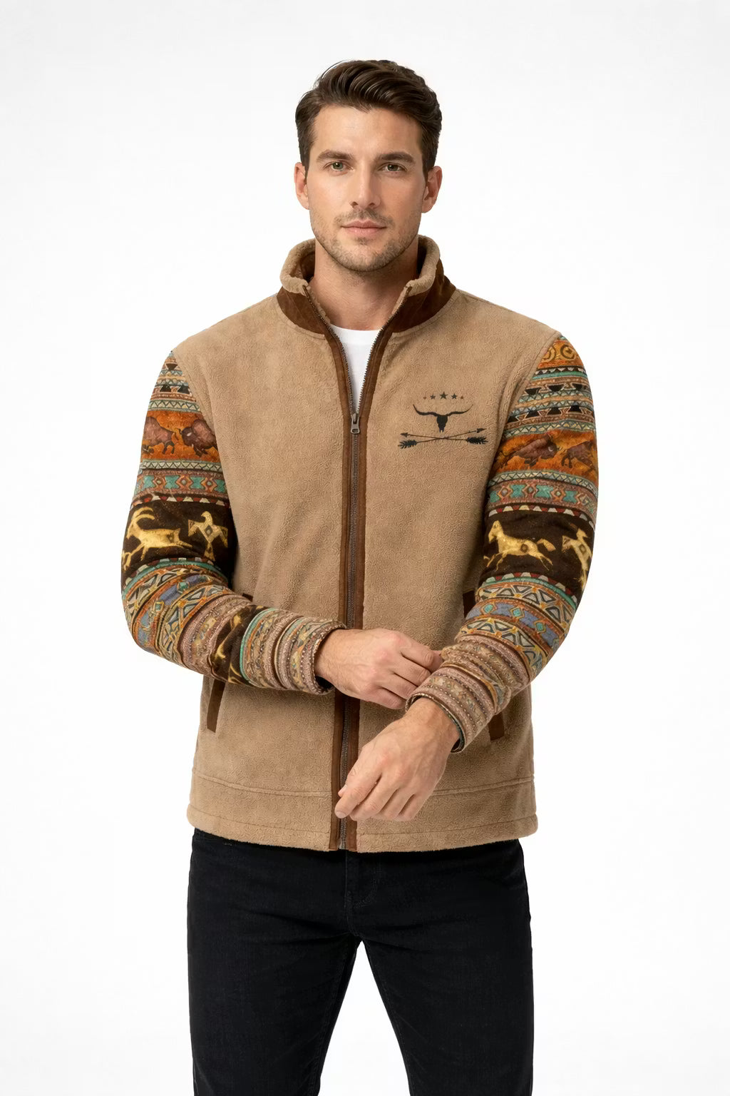 Men’s Fleece-Lined Zip Jacket With Patterned Sleeves
