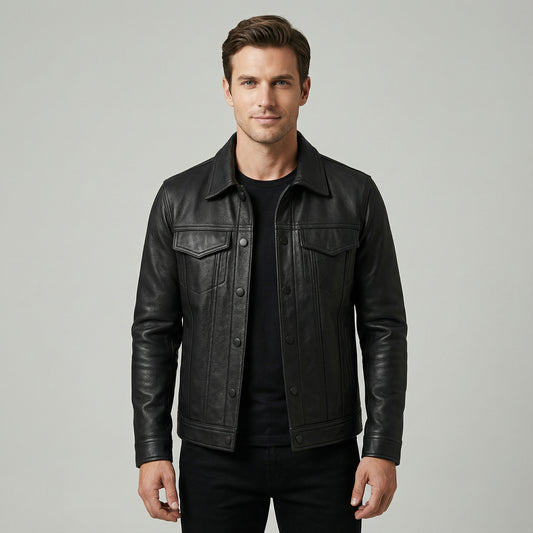 Men’s Black Coated Textile Button Front Jacket with Structured Panel Detailing
