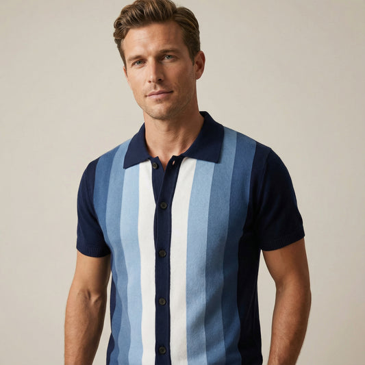 Men’s Short Sleeve Knit Polo Shirt With Vertical Blue And White Stripe Pattern