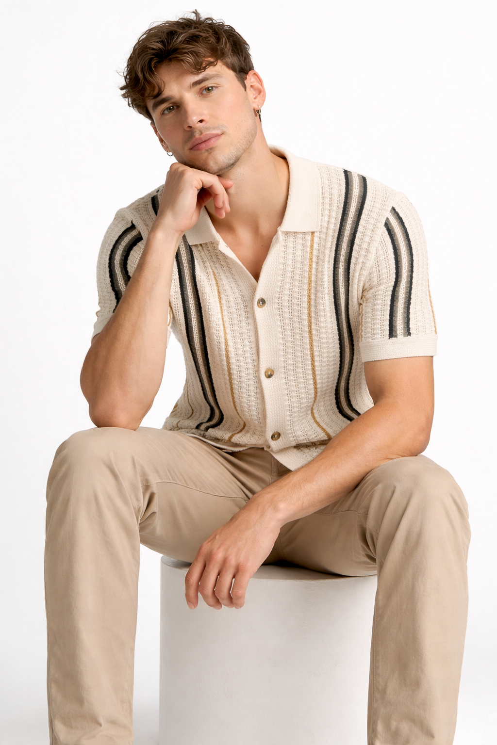 Driftline Striped Open-Knit Button Shirt