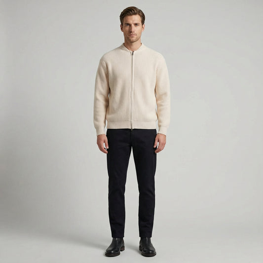 Men’s Ivory Rib Knit Zip Cardigan with Clean Texture Long Sleeves