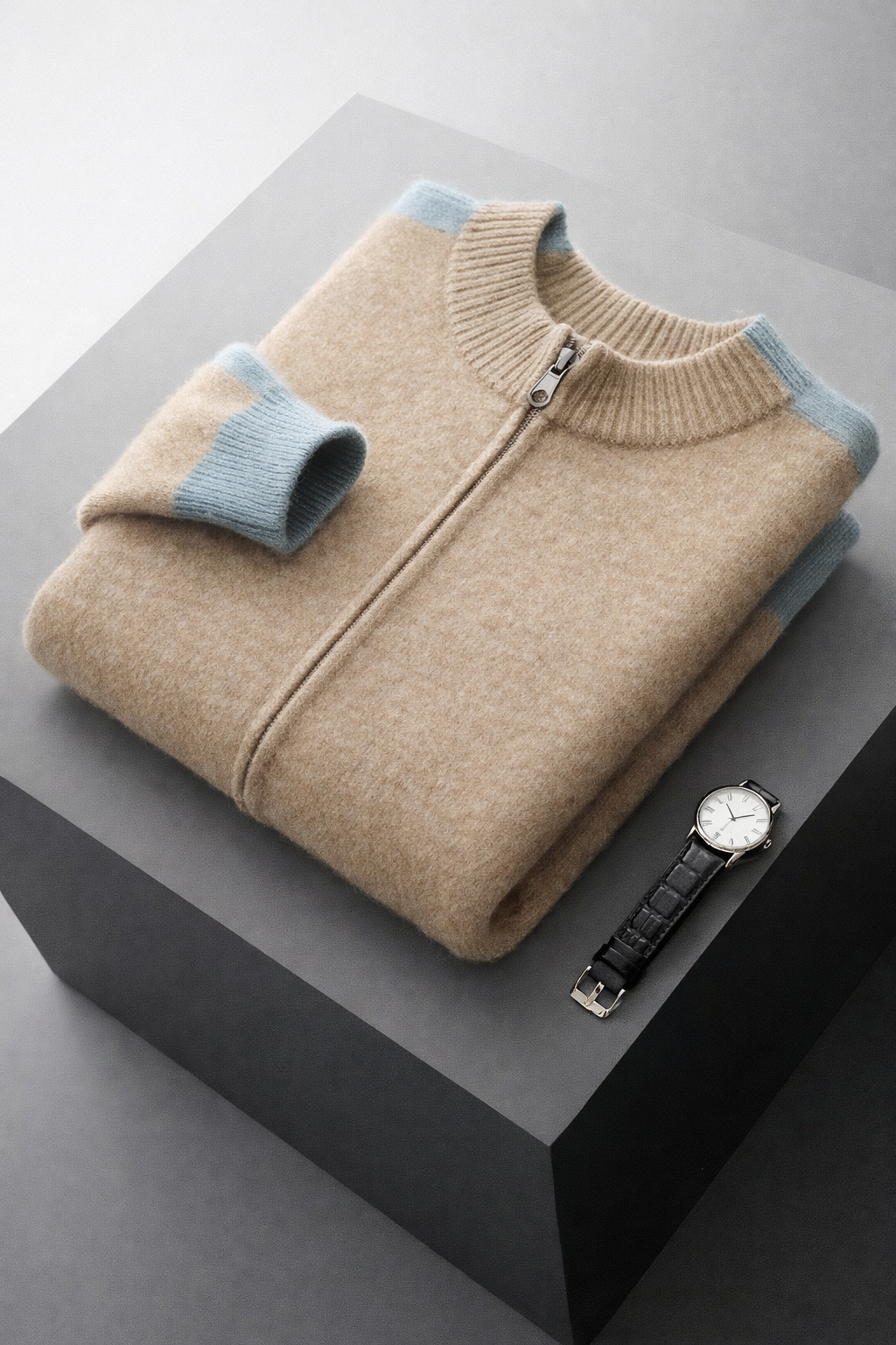 Contrast Trim Zip-Up Knit Cardigan