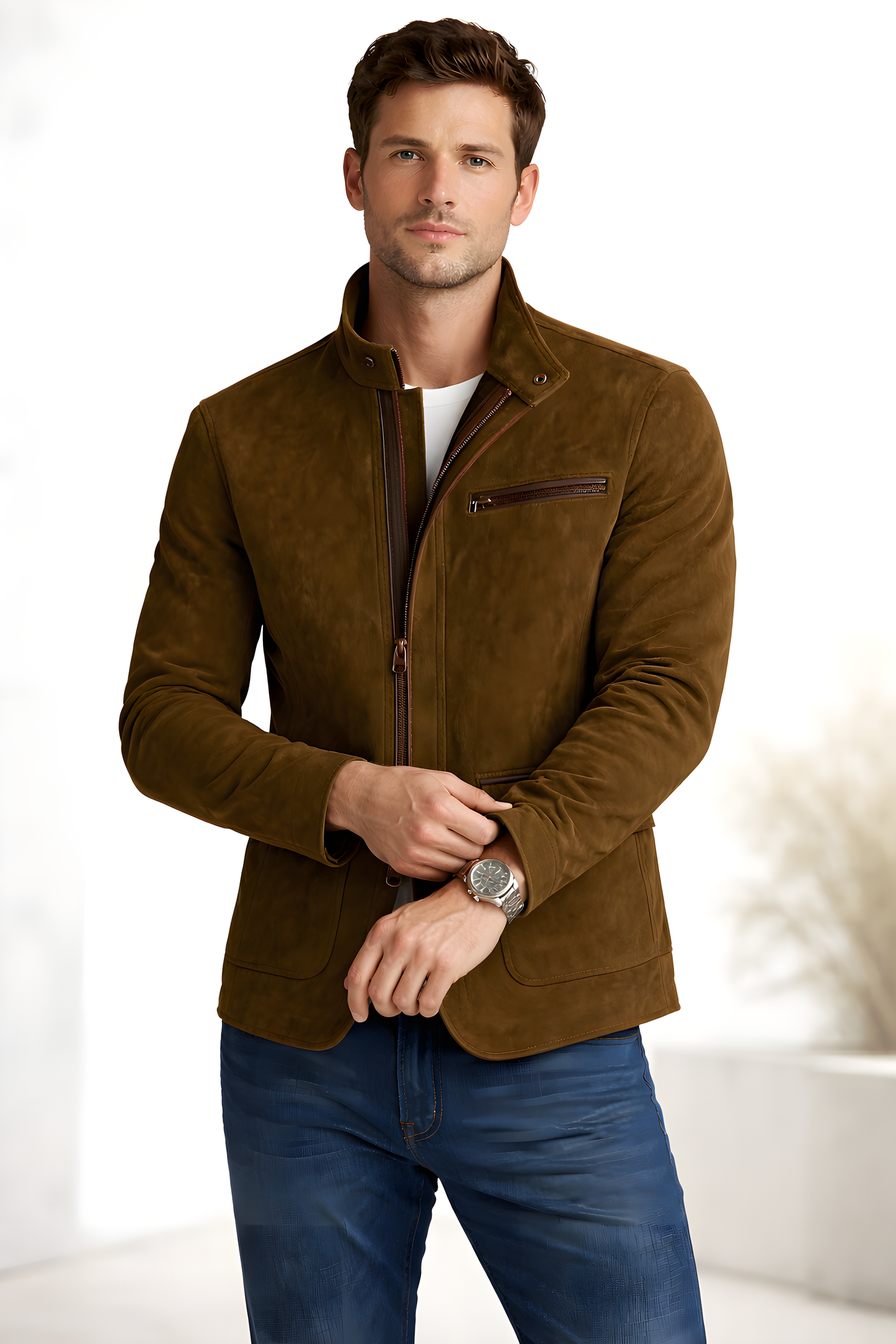 Suede Stand Collar Utility Jacket