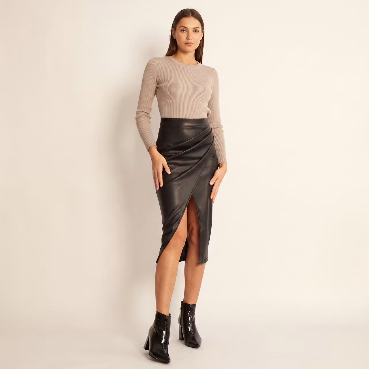 Selene Gedrapeerde Kunstleer Midirok