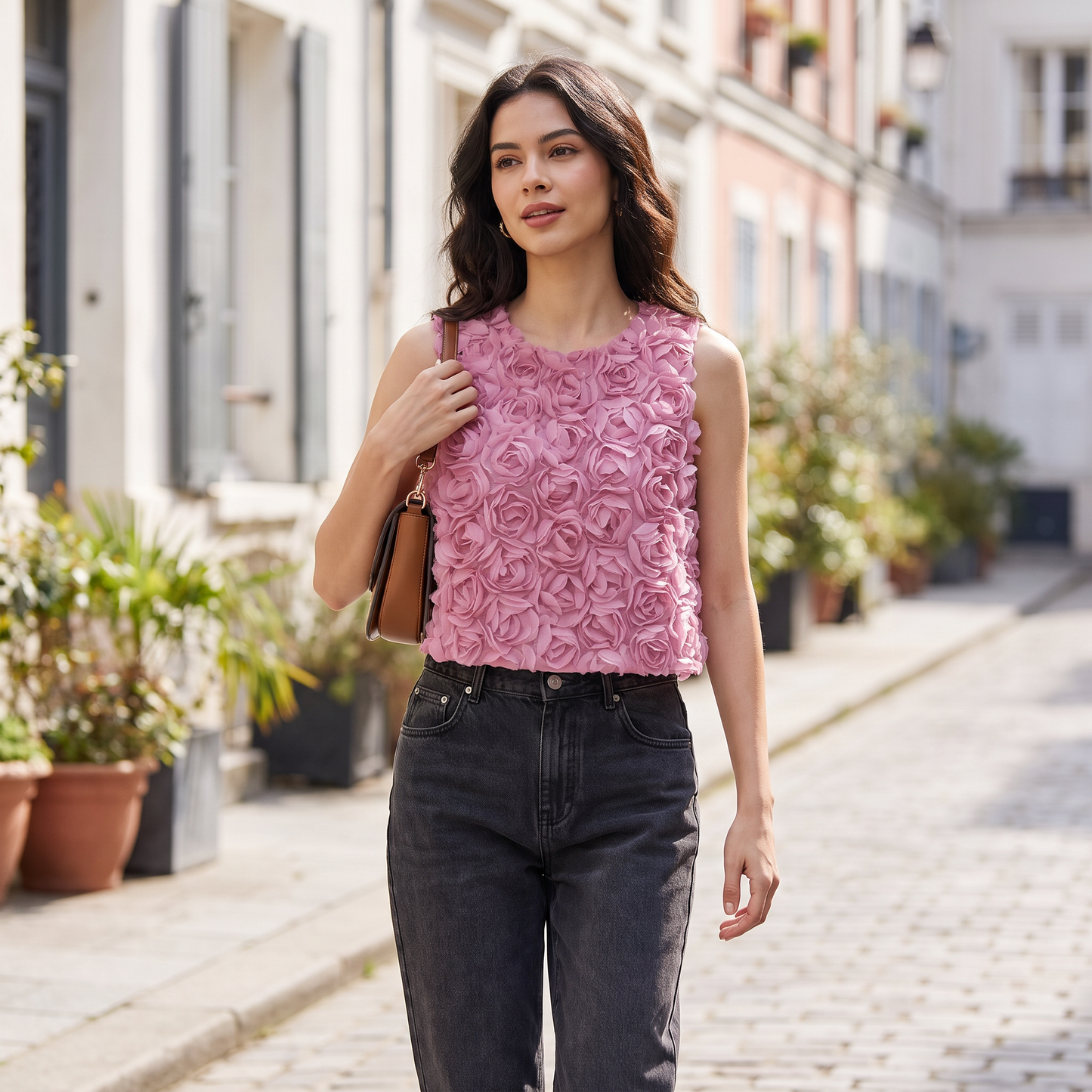 Roselle chiffontop met 3D-bloemen