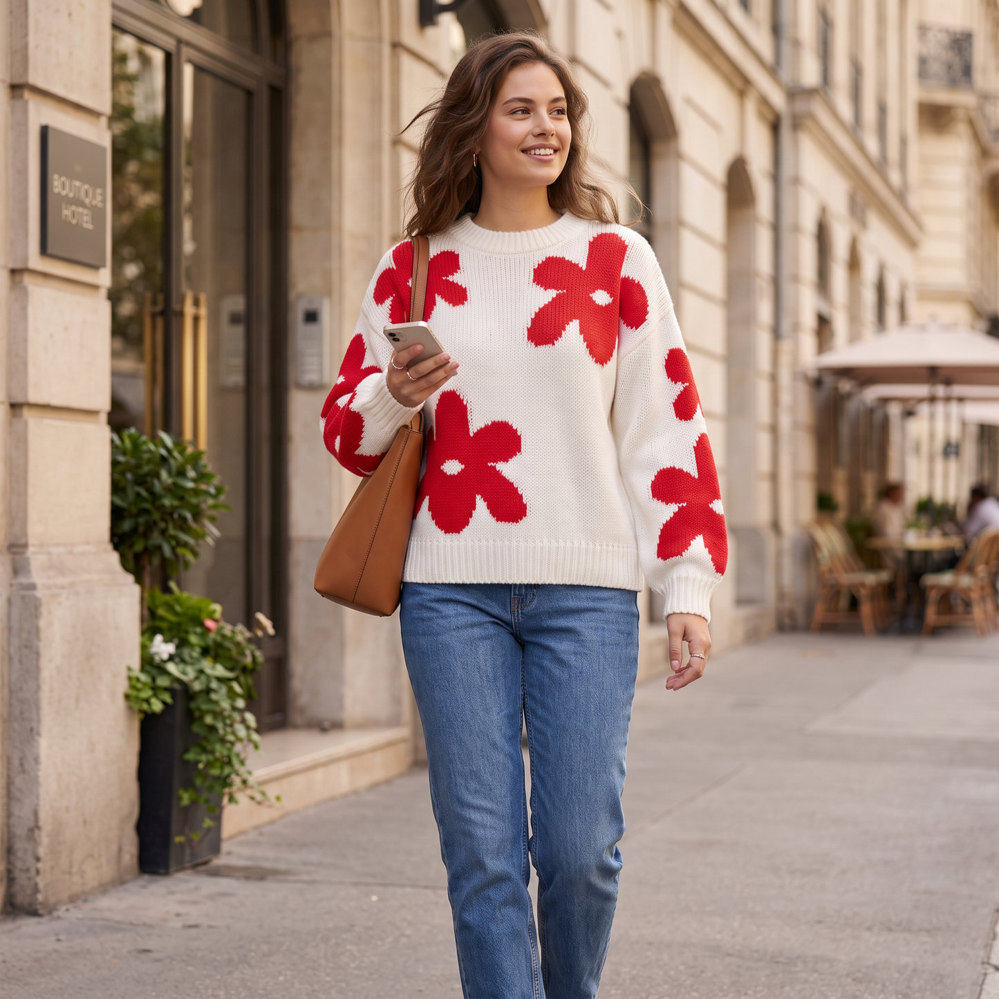 Fiora gebreide pullover met rode bloemen