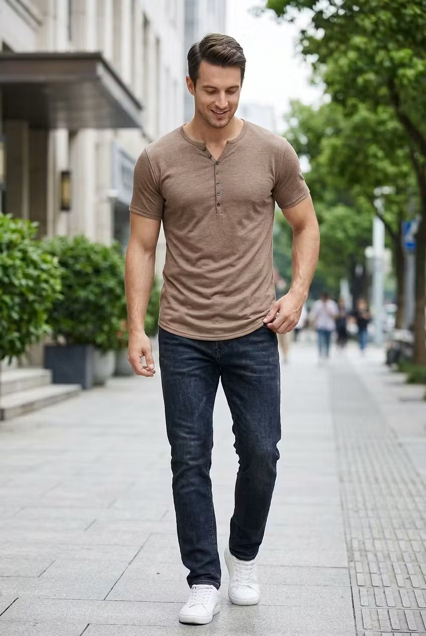 Men’s Short Sleeve Henley Shirt With Button Placket