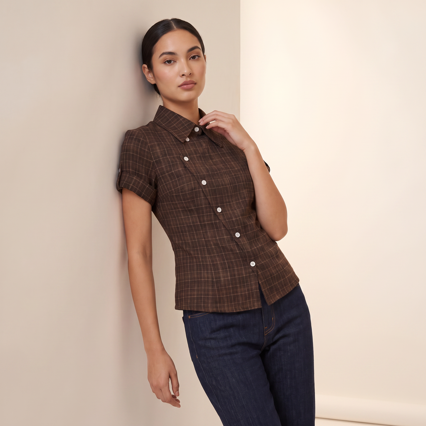 Mabel aansluitende ruitblouse