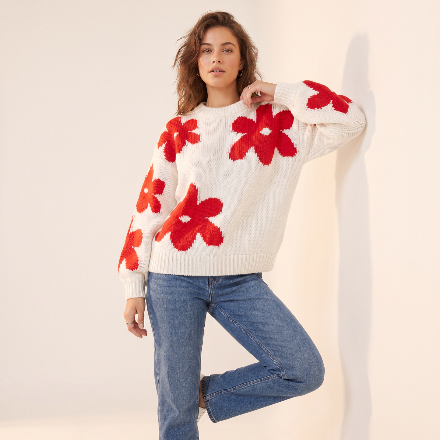Fiora gebreide pullover met rode bloemen