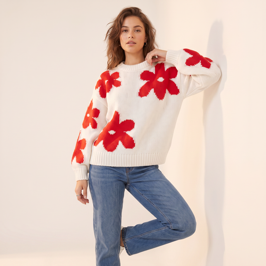 Fiora gebreide pullover met rode bloemen