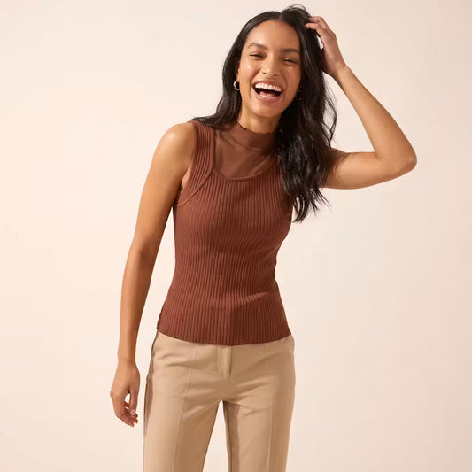 Amara Gebreide Top met Mesh Hals