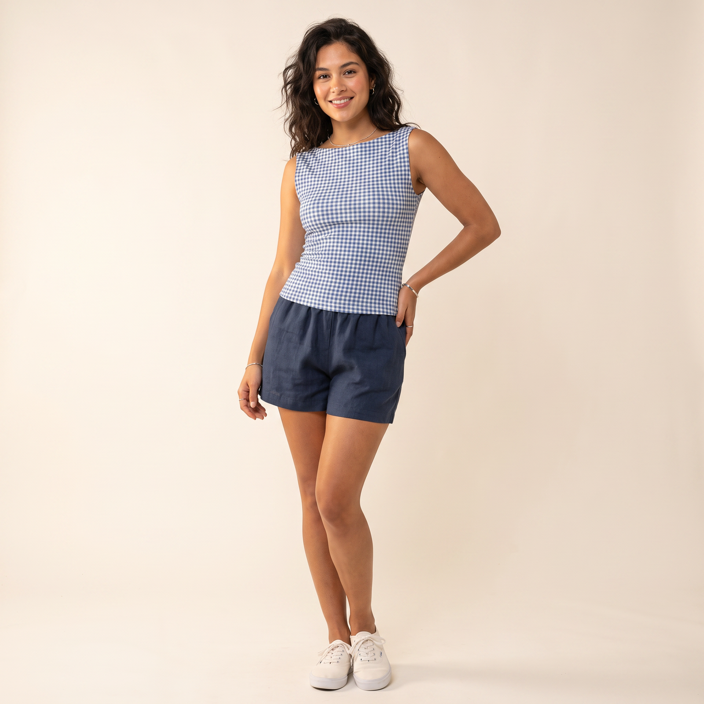Mina gingham top met striksluiting