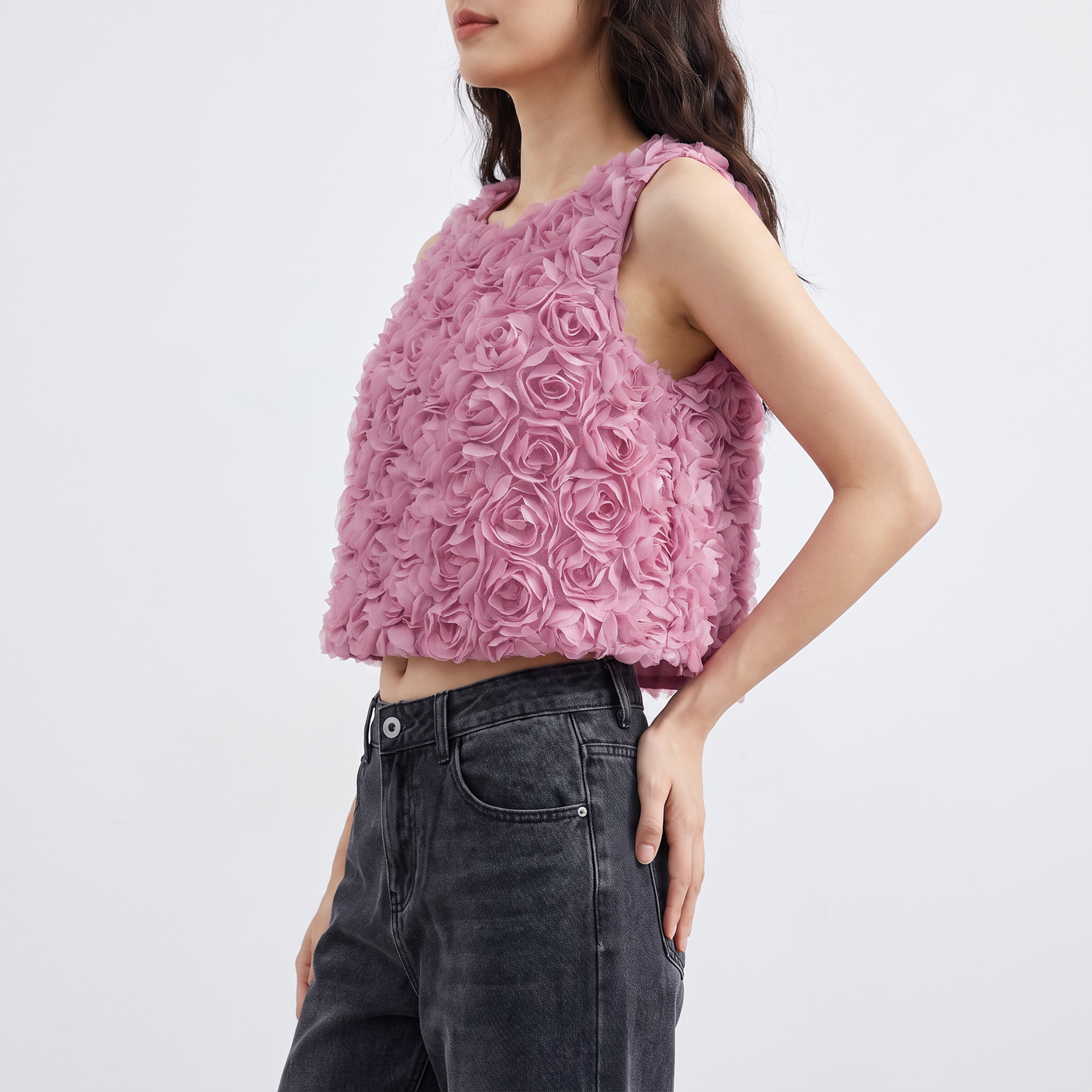 Roselle chiffontop met 3D-bloemen