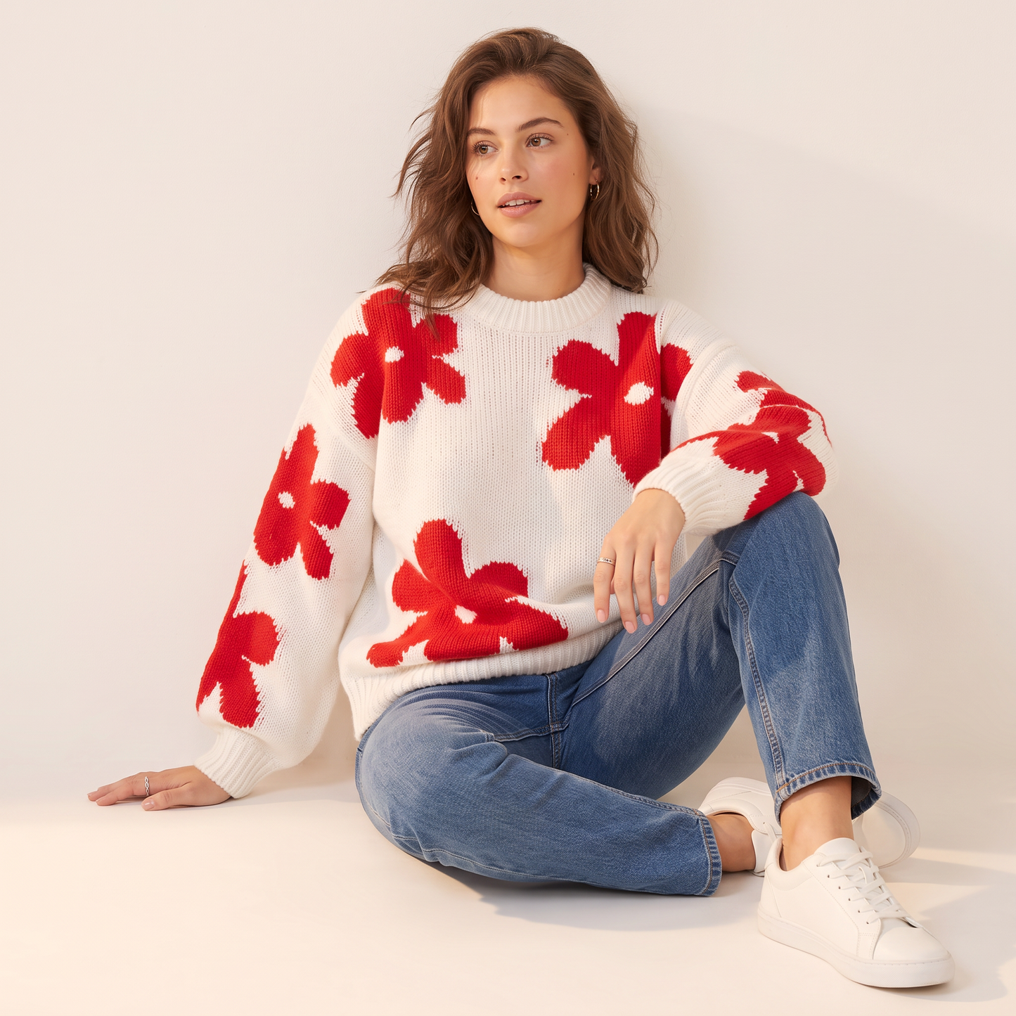 Fiora gebreide pullover met rode bloemen