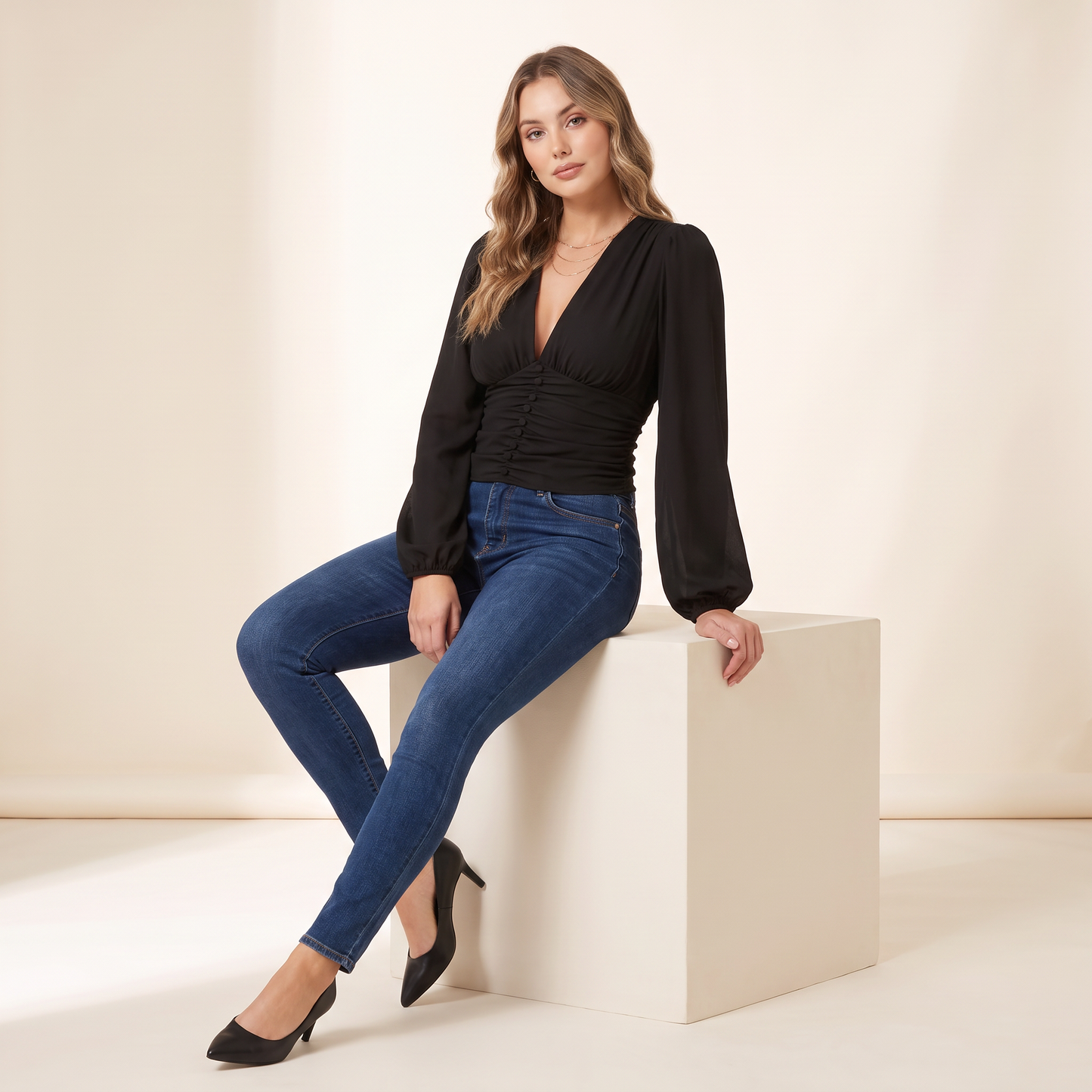 Nira top met V-hals en plooien