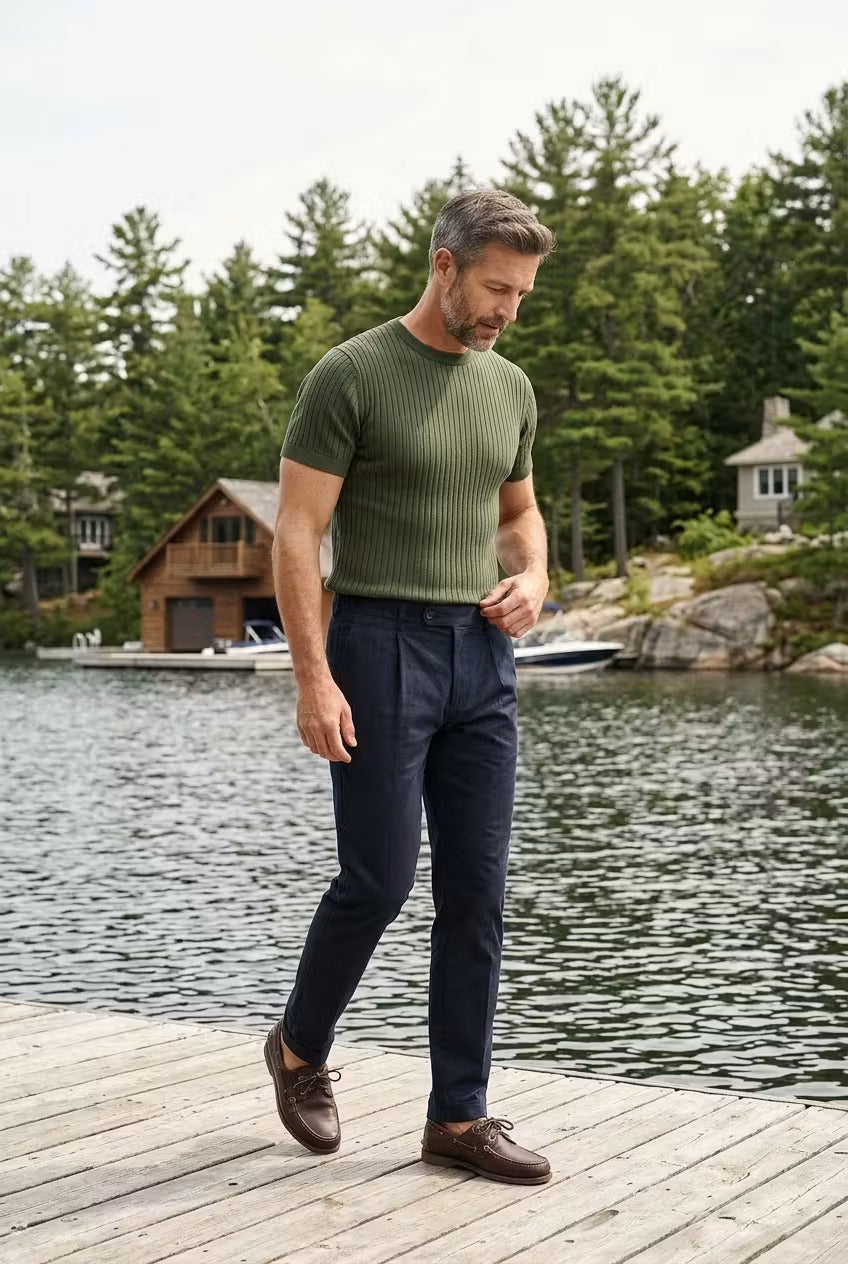 Ribbed Knit Crew Neck T-Shirt