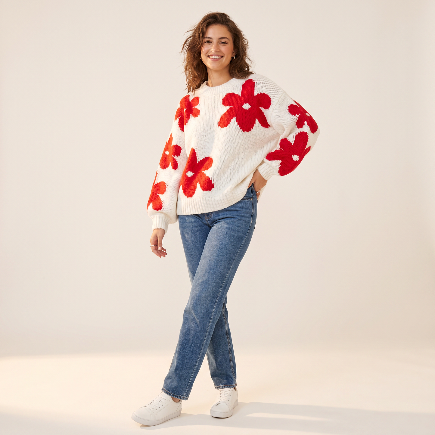 Fiora gebreide pullover met rode bloemen