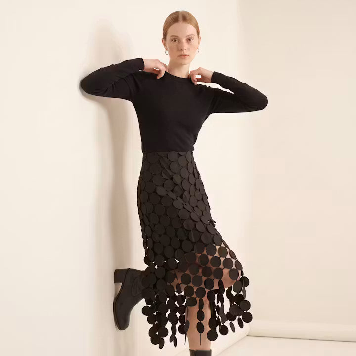 Celeste midi-rok met schijfvormige franjes