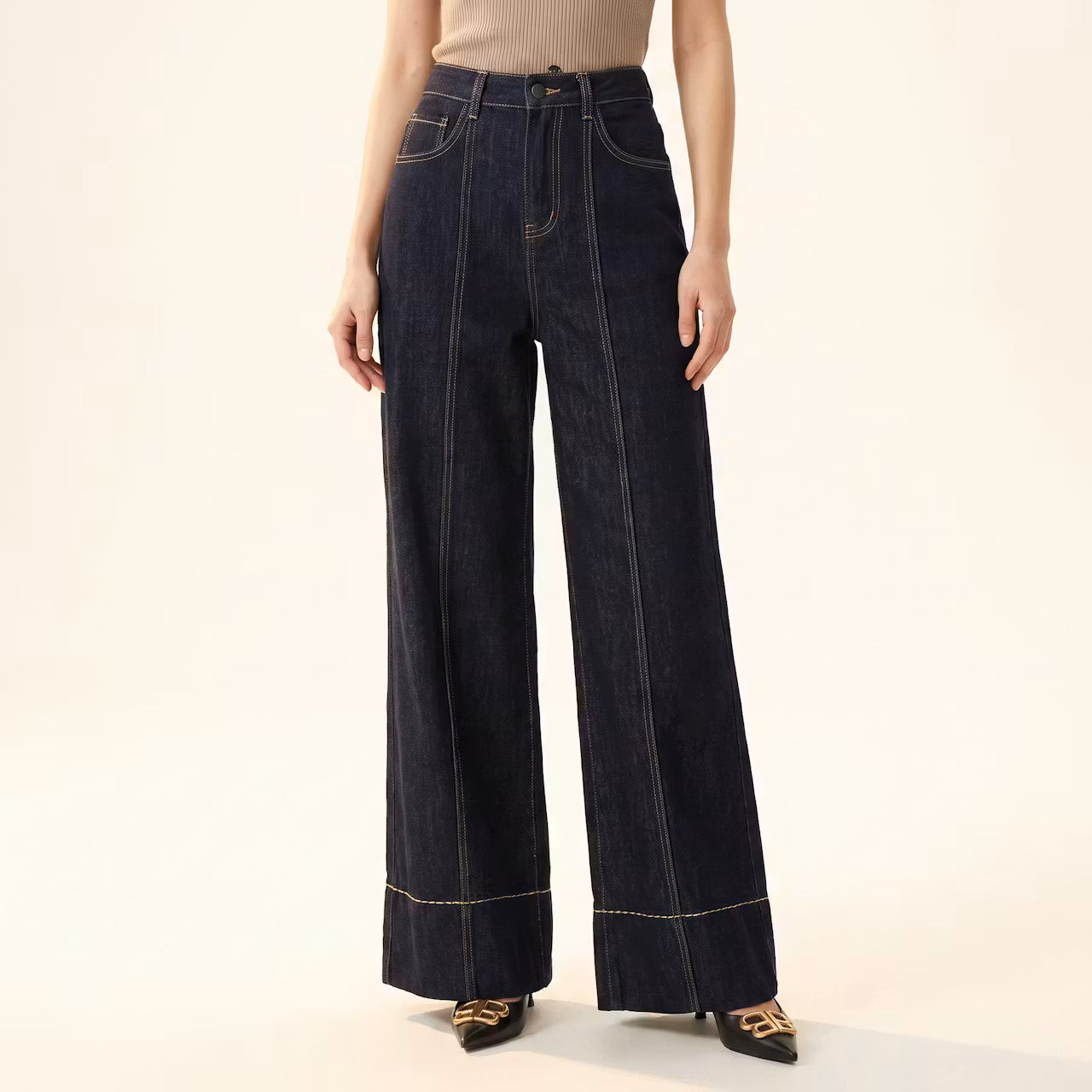 Nelle Wide-Leg Jeans met Contraststiksels