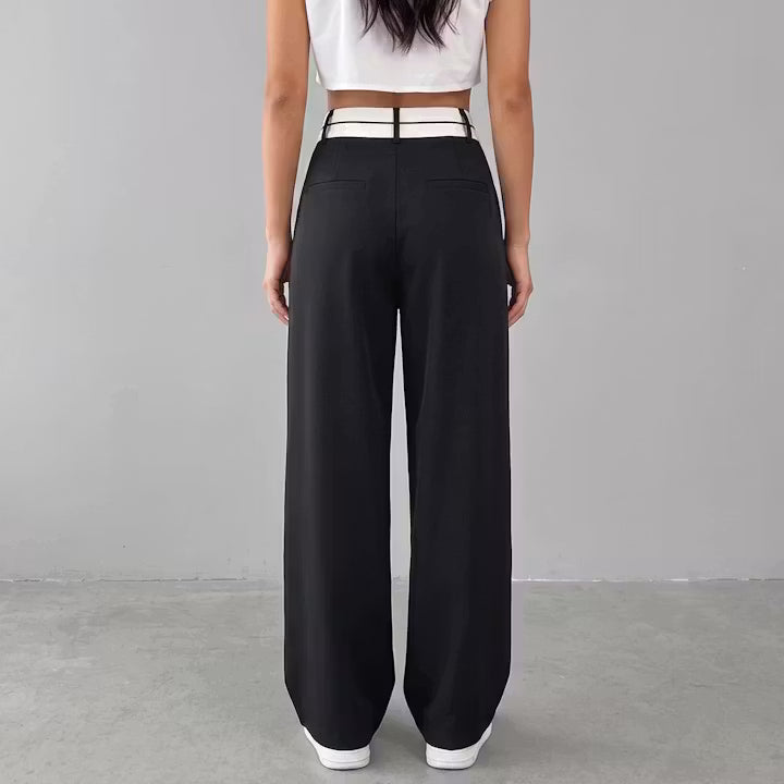 Vesper broek met contrasterende tailleband en wijde pijpen