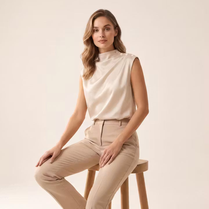 Celine Mouwloze Top met Knoopkraag