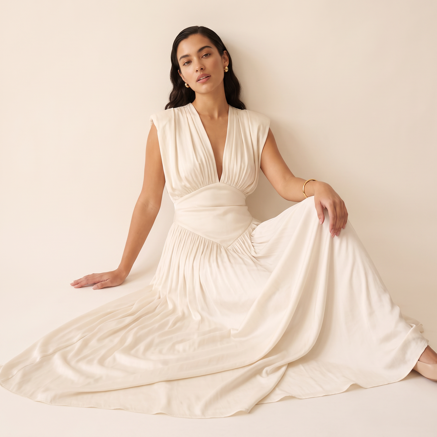Ivory maxi-jurk met drapering en split