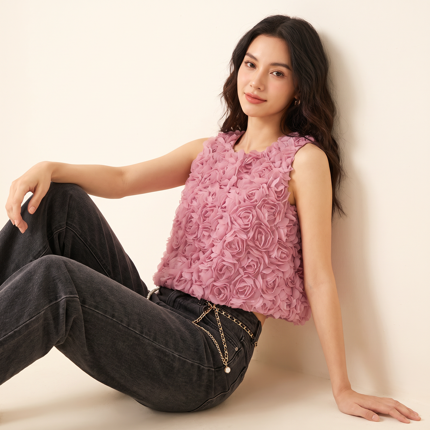 Roselle chiffontop met 3D-bloemen