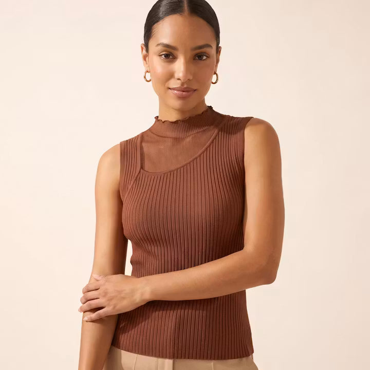 Amara Gebreide Top met Mesh Hals