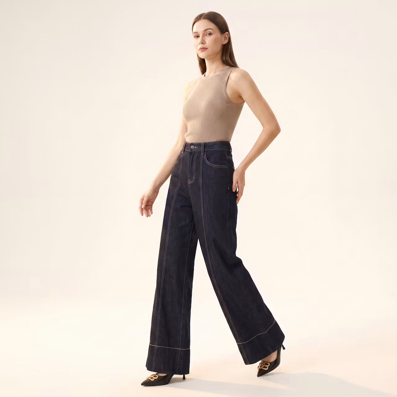 Nelle Wide-Leg Jeans met Contraststiksels