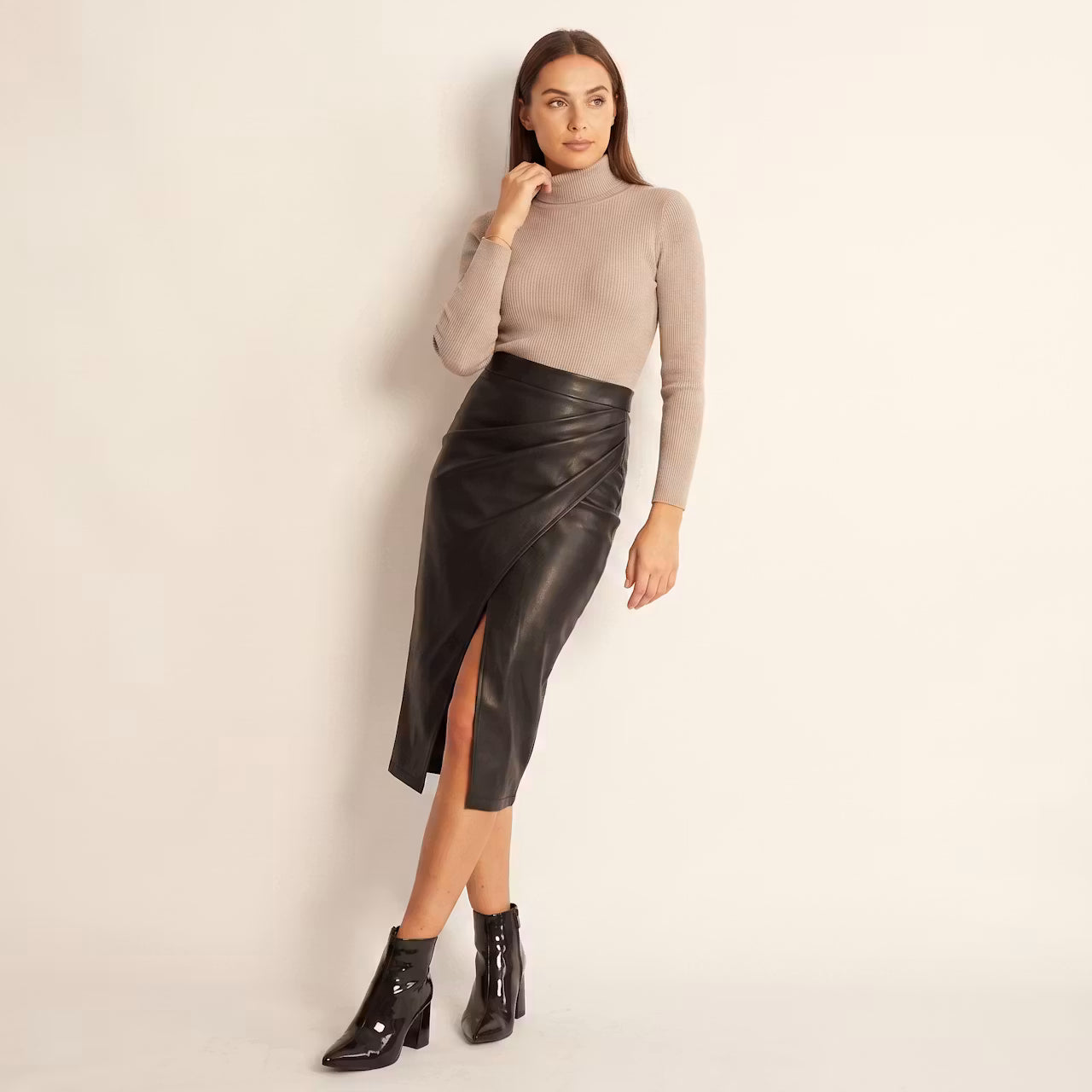Selene Gedrapeerde Kunstleer Midirok