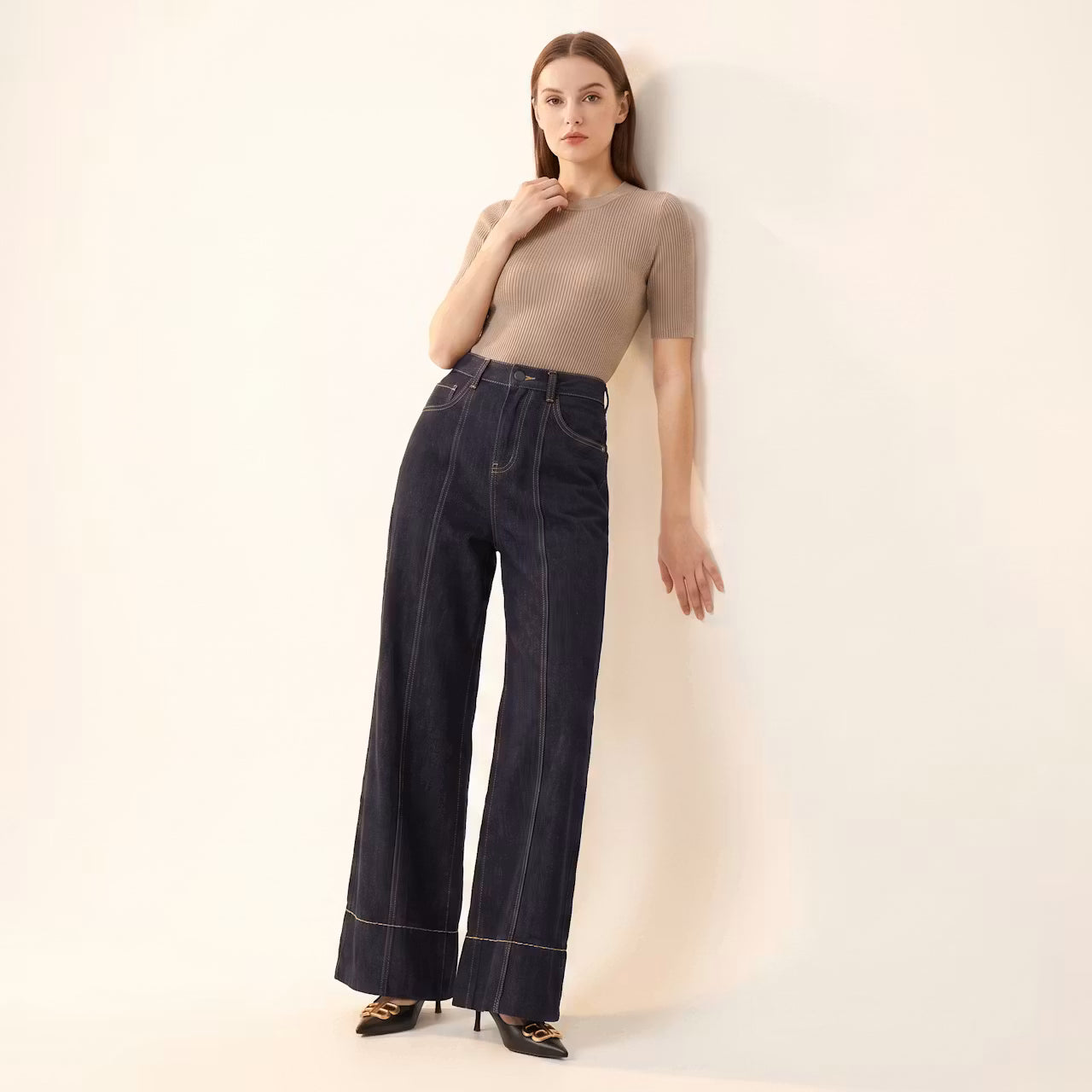 Nelle Wide-Leg Jeans met Contraststiksels