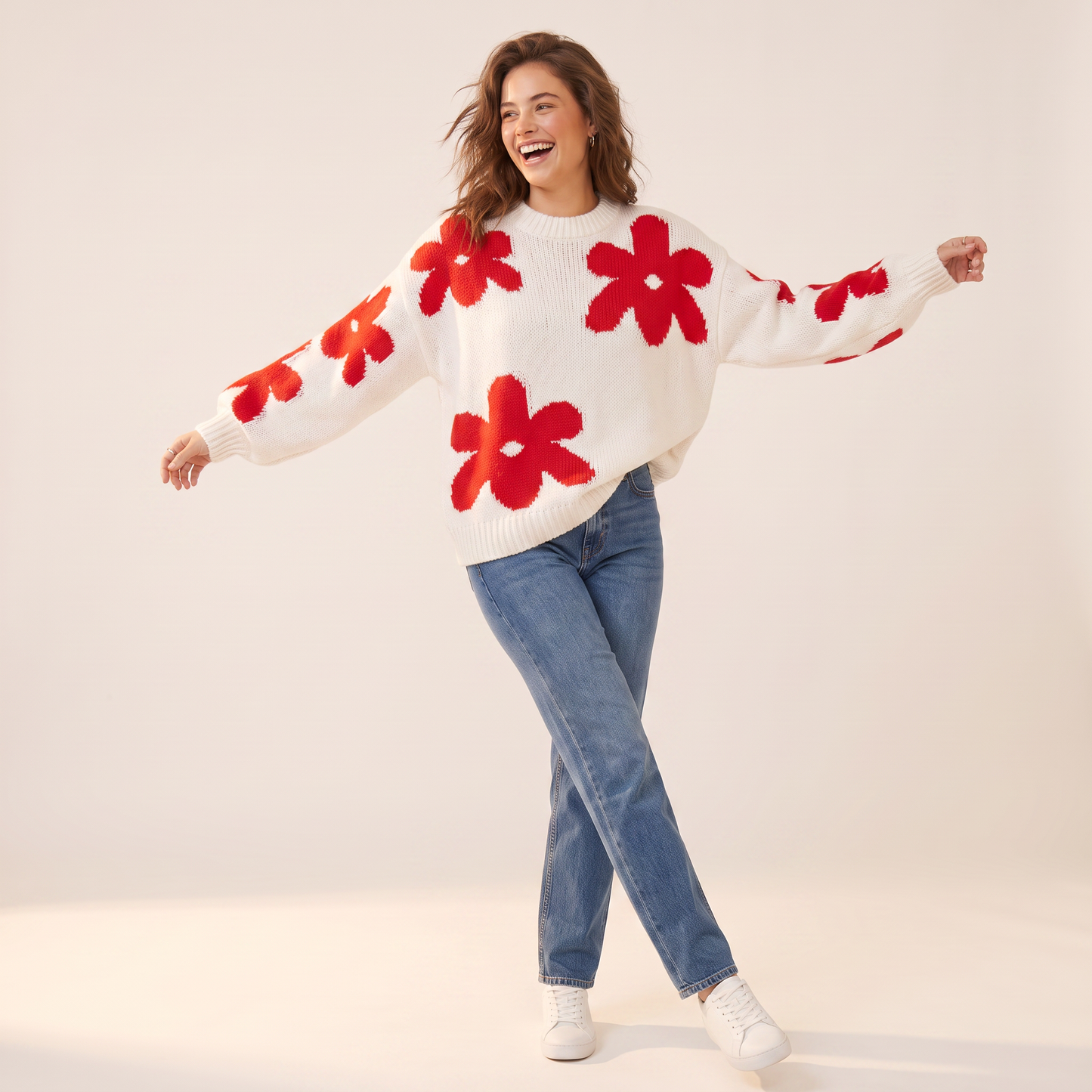 Fiora gebreide pullover met rode bloemen