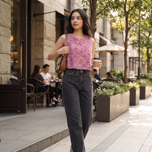 Roselle chiffontop met 3D-bloemen