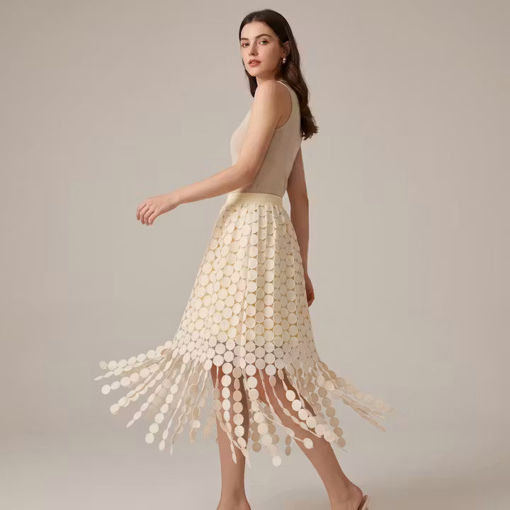 Celeste midi-rok met schijfvormige franjes