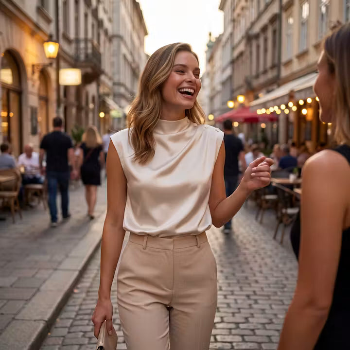 Celine Mouwloze Top met Knoopkraag