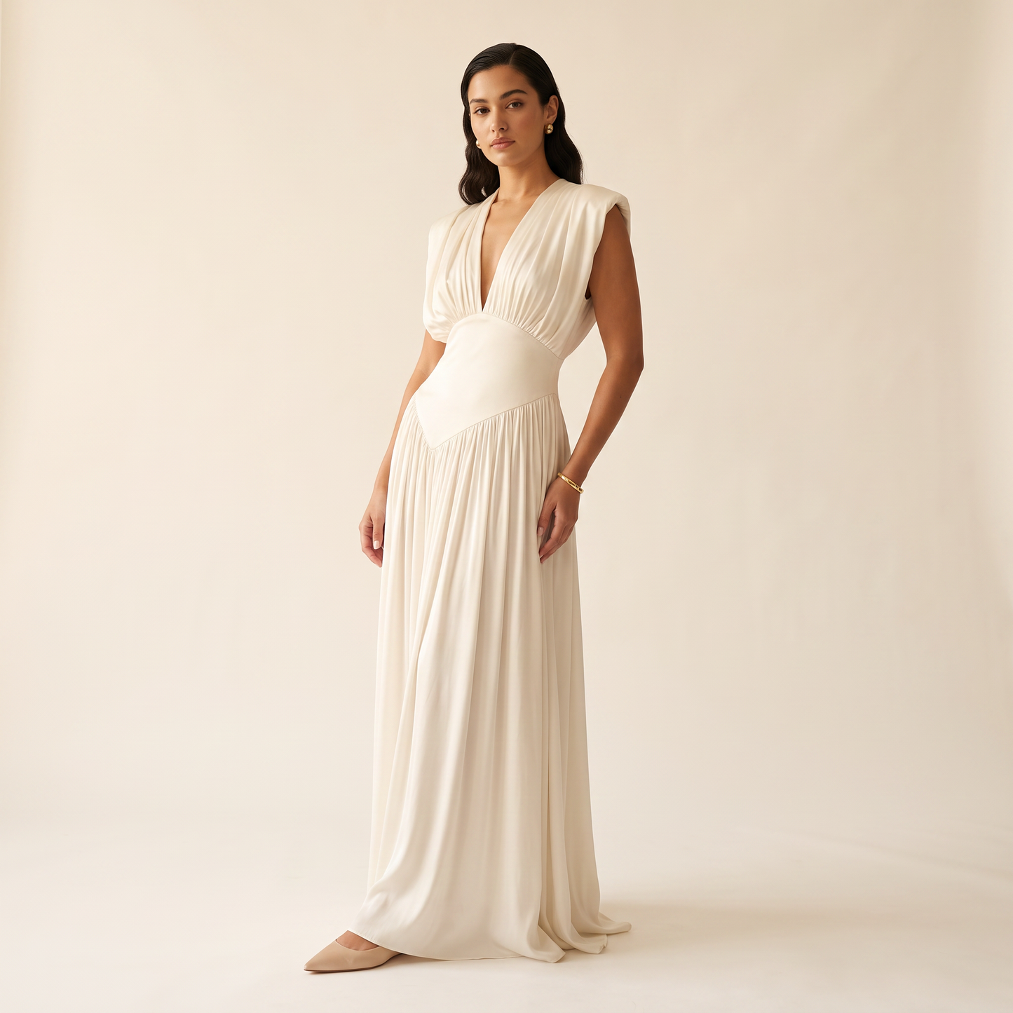 Ivory maxi-jurk met drapering en split