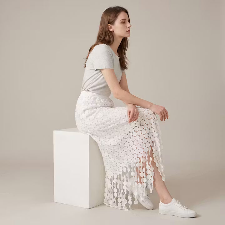 Celeste midi-rok met schijfvormige franjes