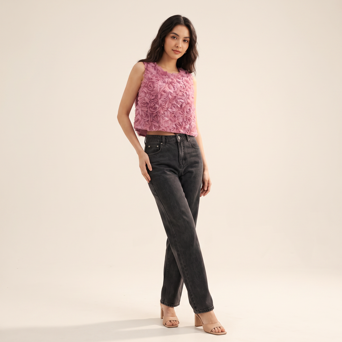 Roselle chiffontop met 3D-bloemen