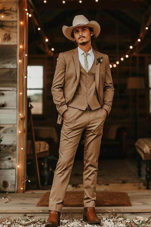 Men’s Tan Three Piece Suit With Jacket Vest And Trousers