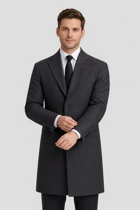 Men’s Structured Long Overcoat with Clean Notched Collar