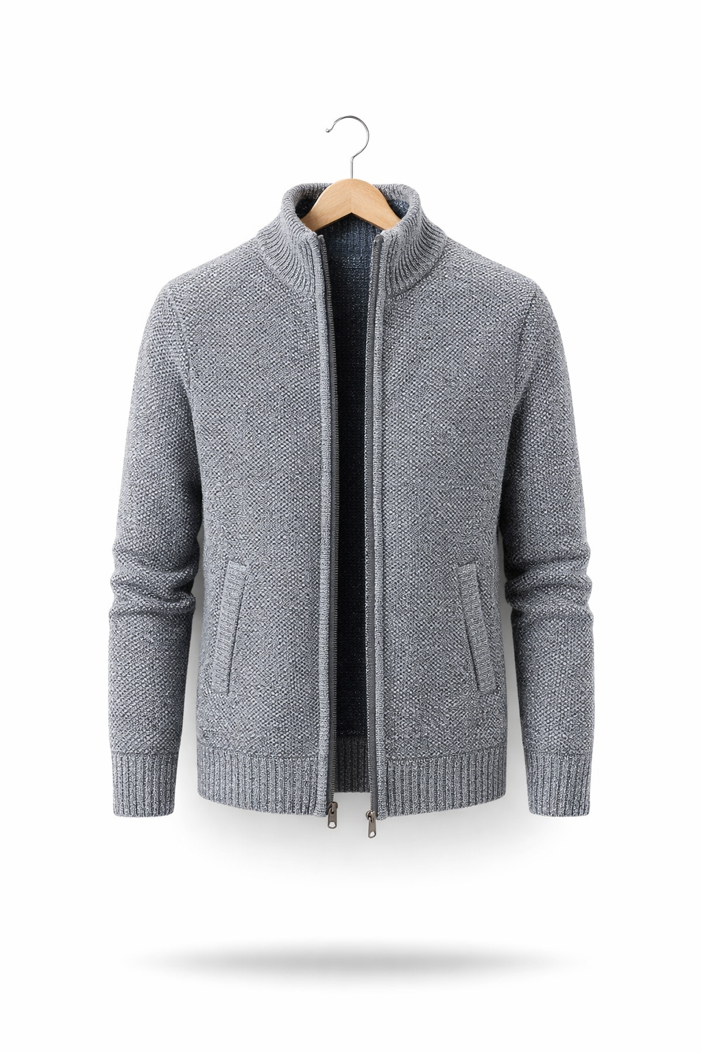 Textured Knit Zip-Up Stand Collar Jacket