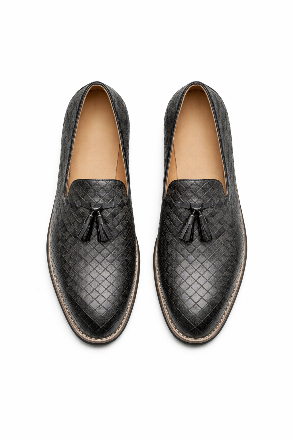 Woven Grid Tassel Slip-On Loafers