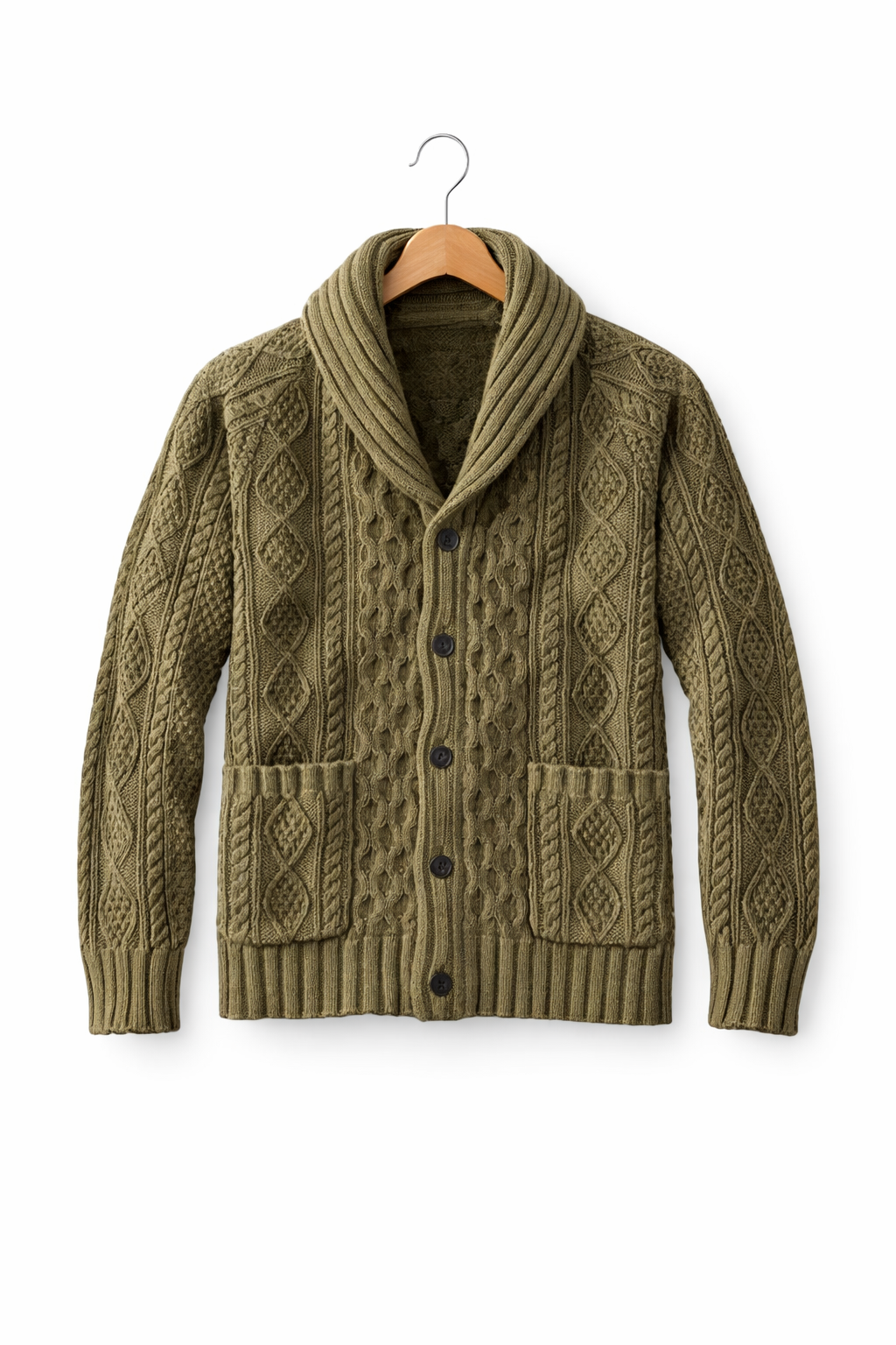Men’s Cable Knit Cardigan Sweater with Shawl Collar Button Front