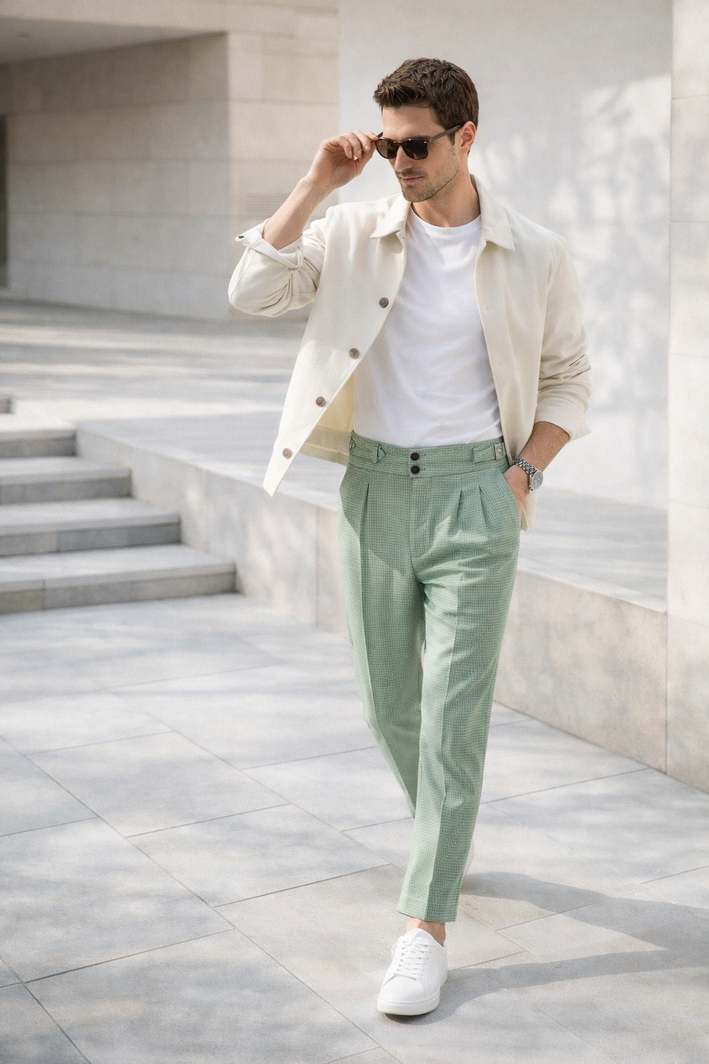 Waffle Texture High-Waist Pleated Trousers
