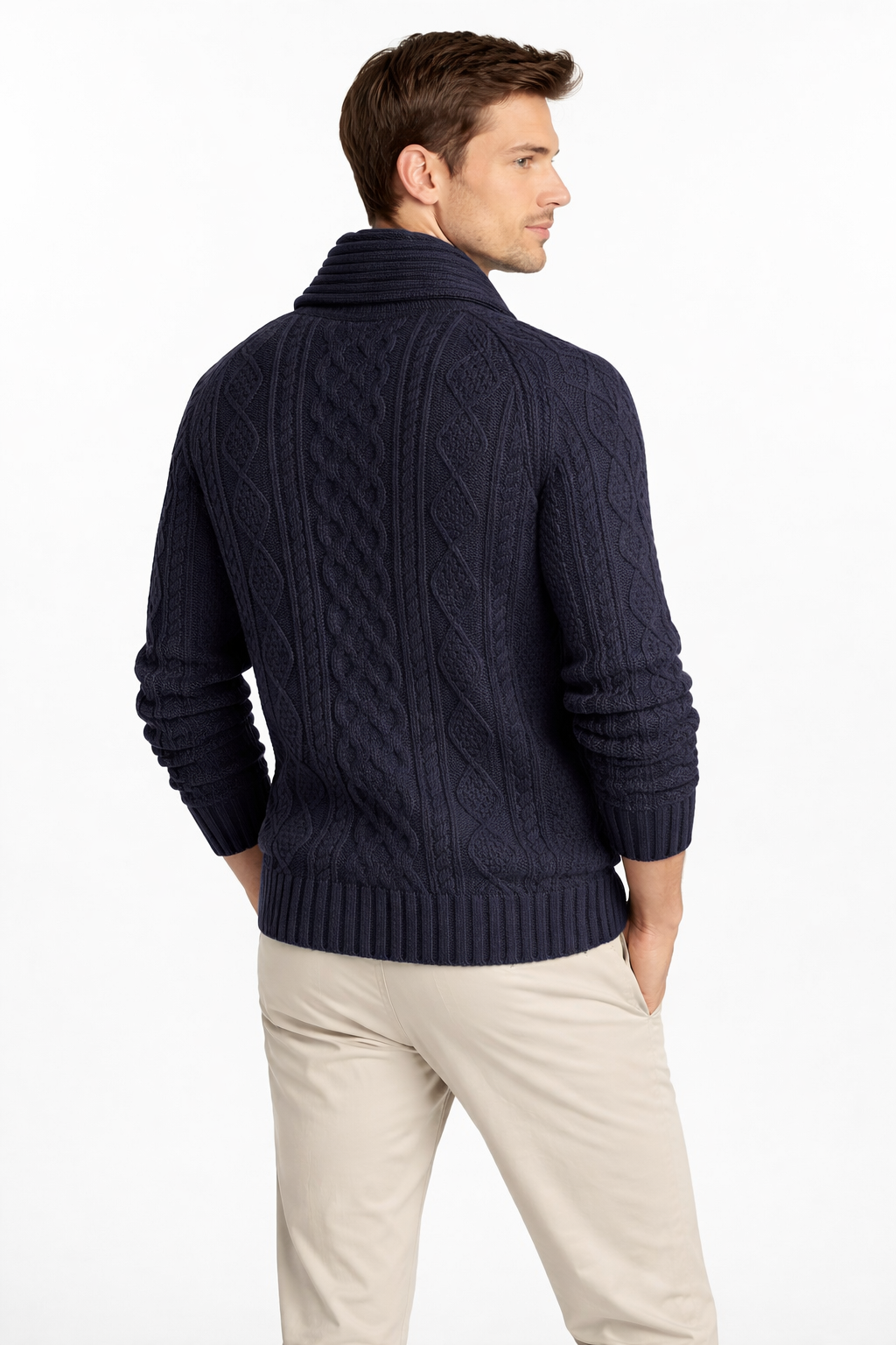 Men’s Cable Knit Cardigan Sweater with Shawl Collar Button Front