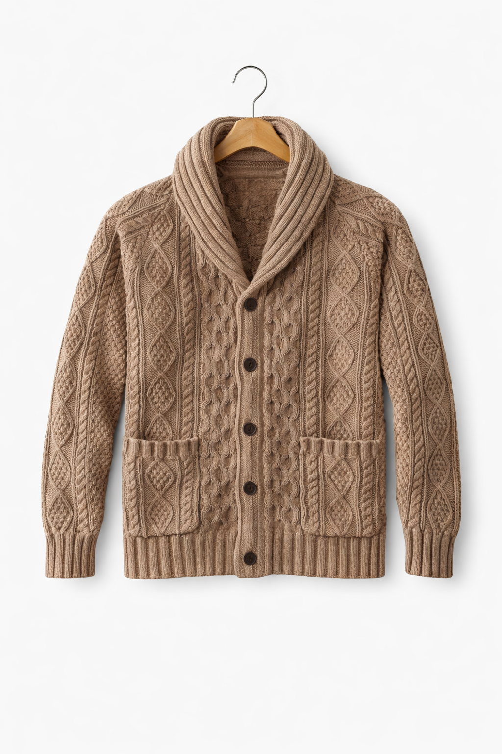 Men’s Cable Knit Cardigan Sweater with Shawl Collar Button Front