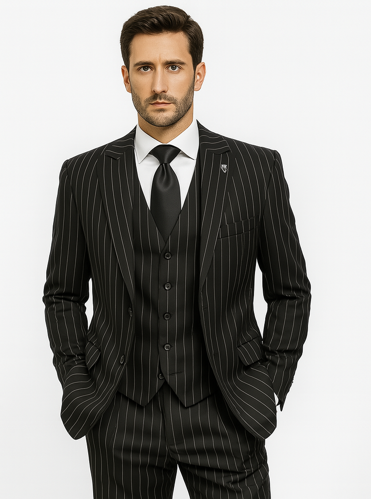 Men’s Black Pinstripe Three Piece Suit With Jacket Vest And Trousers