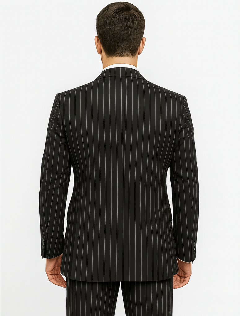 Men’s Black Pinstripe Three Piece Suit With Jacket Vest And Trousers