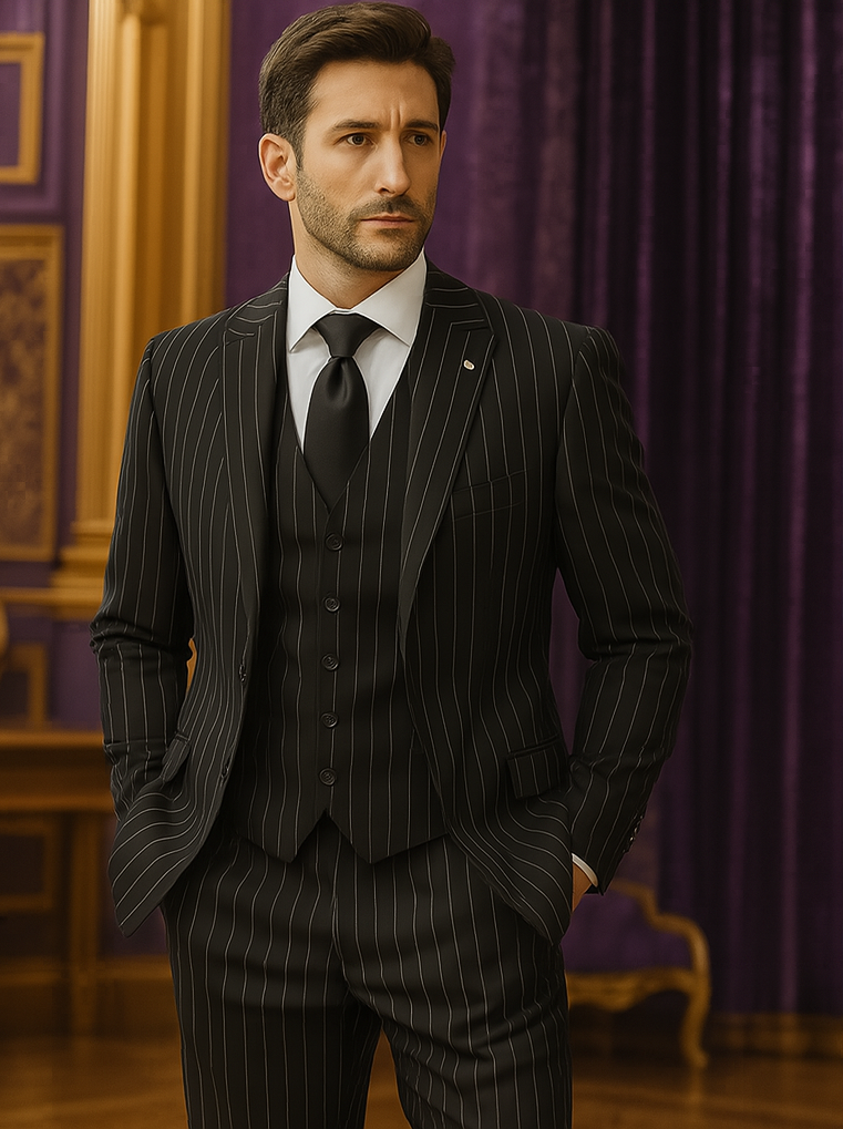 Men’s Black Pinstripe Three Piece Suit With Jacket Vest And Trousers